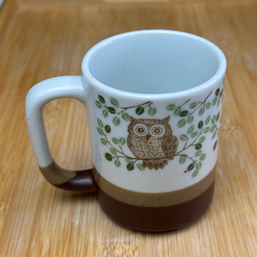 Vintage Otagiri stoneware Coffee Mug 1970s Brown Owl Design with Green leaves.
